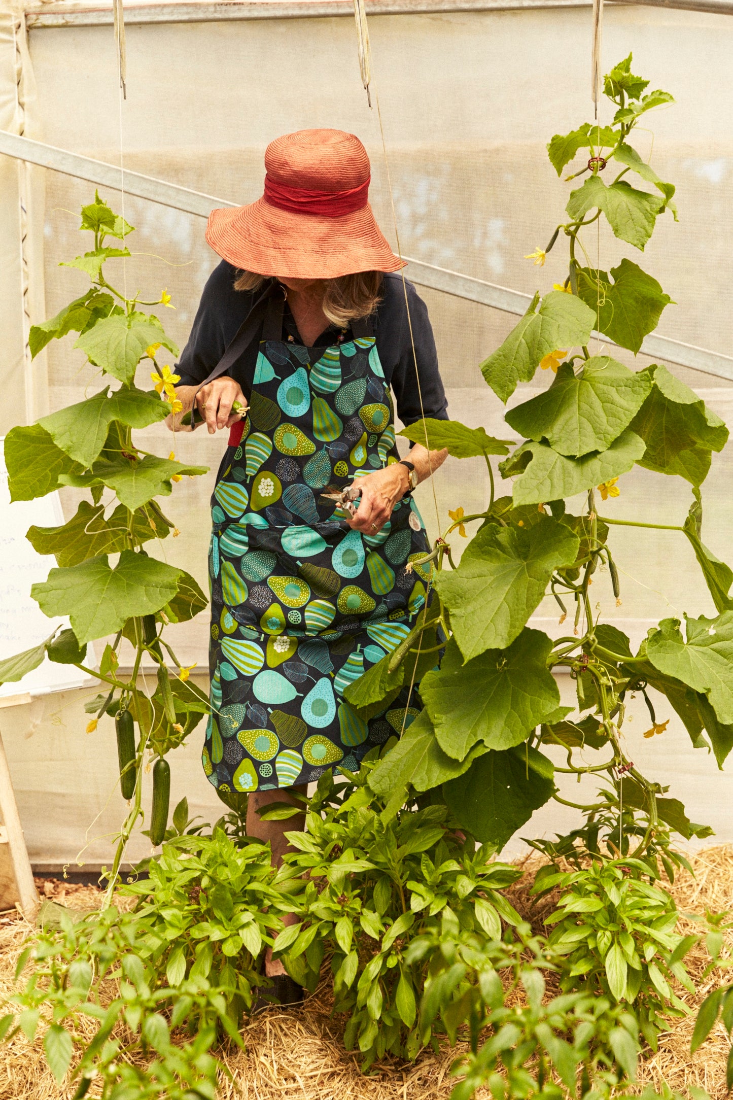 Person tending to plants in a greenhouse wearing a colorful apron and wide-brimmed hat.
