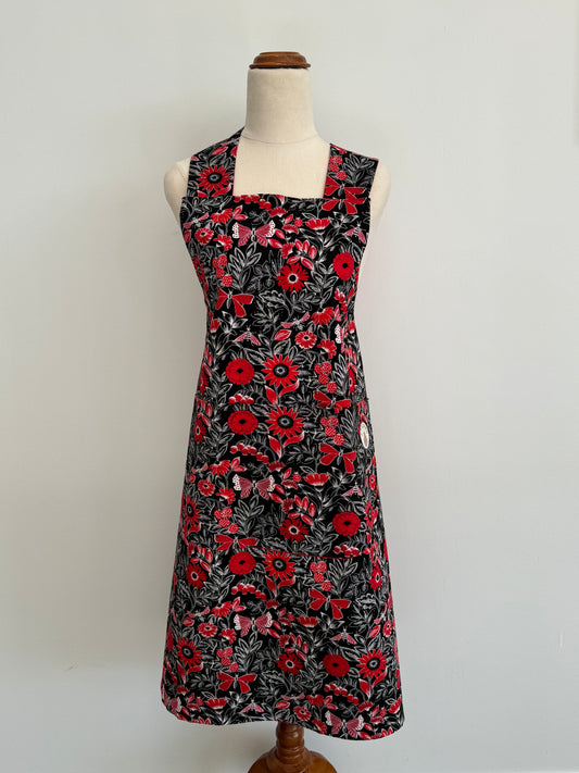 Wrap-Around Apron - Black and Red Flower Fabric