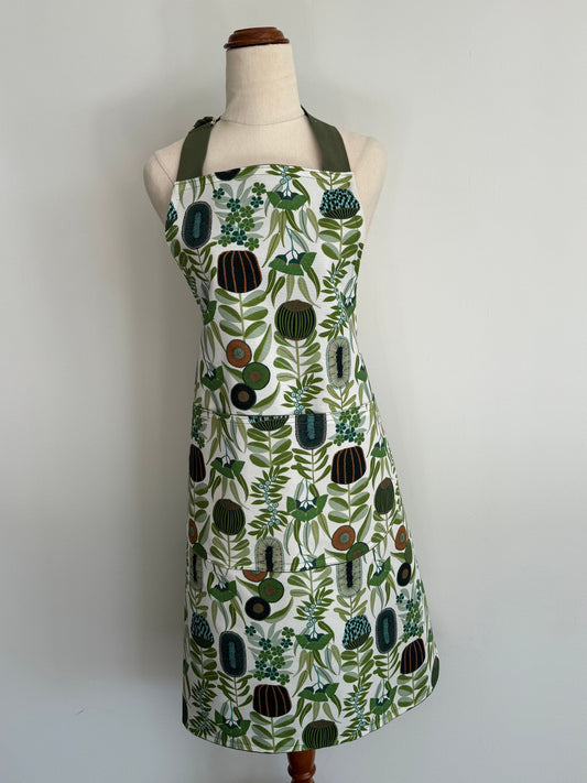 Kitchen Apron Green Banksia - Handmade, Durable High-Quality Lined Fabric